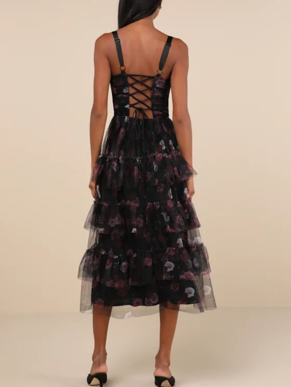 Lulus Sentimental Charisma Black Floral Mesh Tiered Midi Dress New - Picture 6 of 12